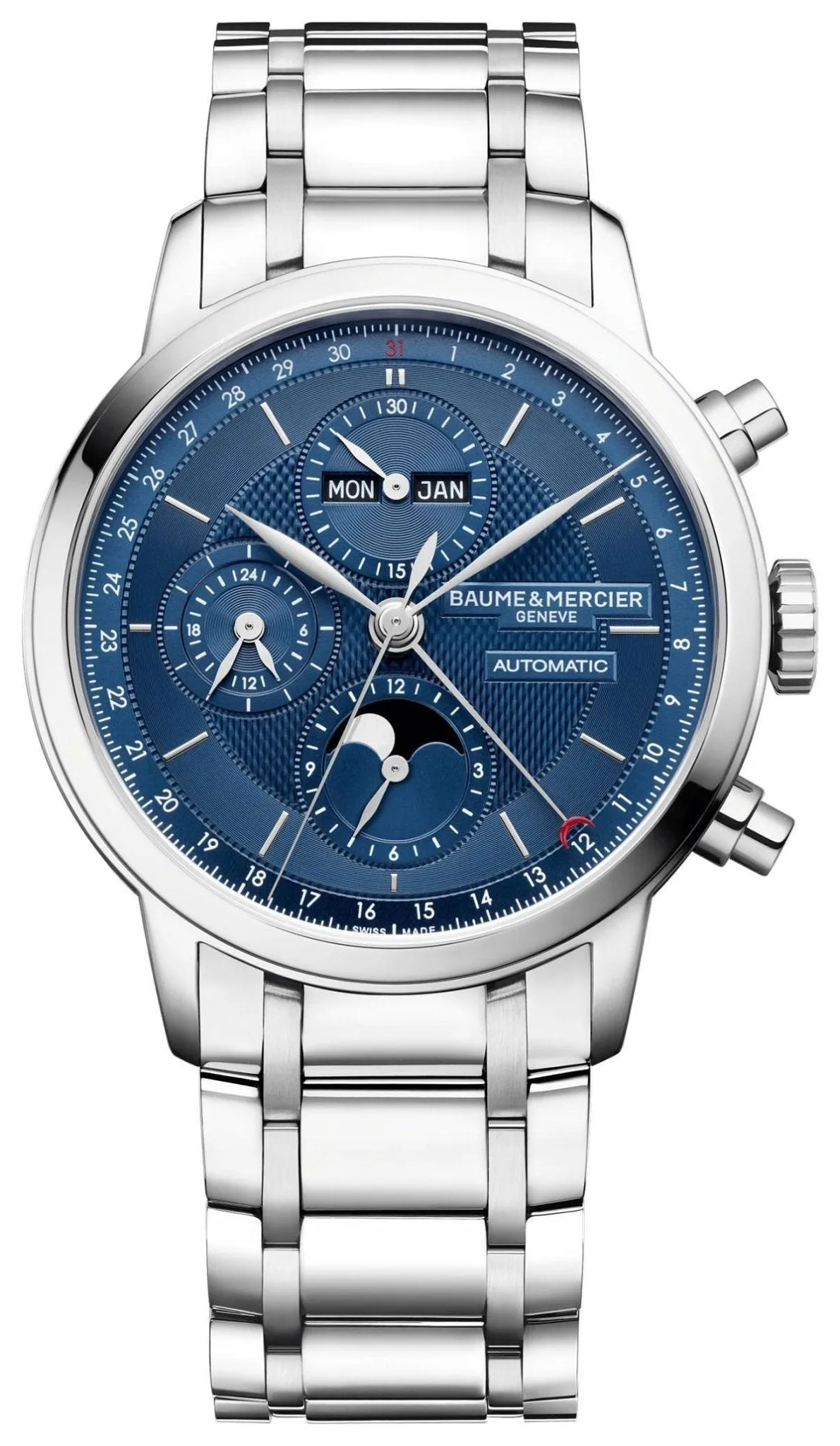 Baume & Mercier Classima Automatic Chronograph Stainless Steel Blue Dial Moonphase Day/Date Month Mens Watch M0A10485