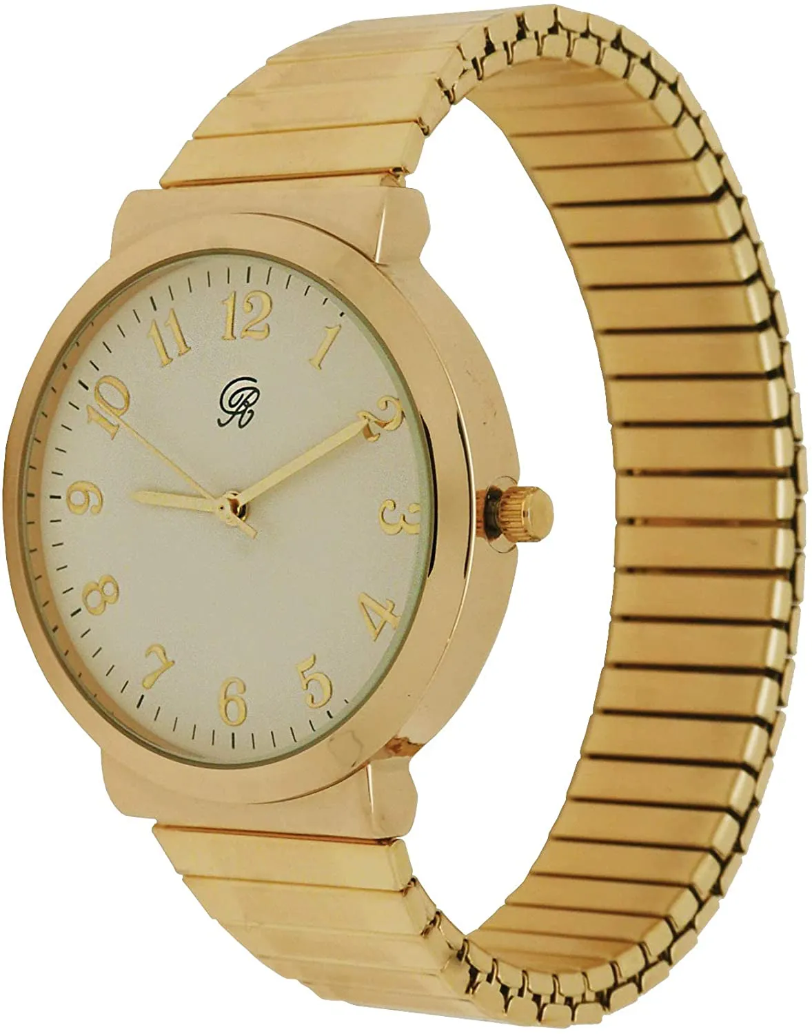 Charles Raymond Unisex 6" Stretch Band Classic, Easy Reader Watch with Clear Gold Arabic Numbers on Dial, Medium Size Face - 8197Strch