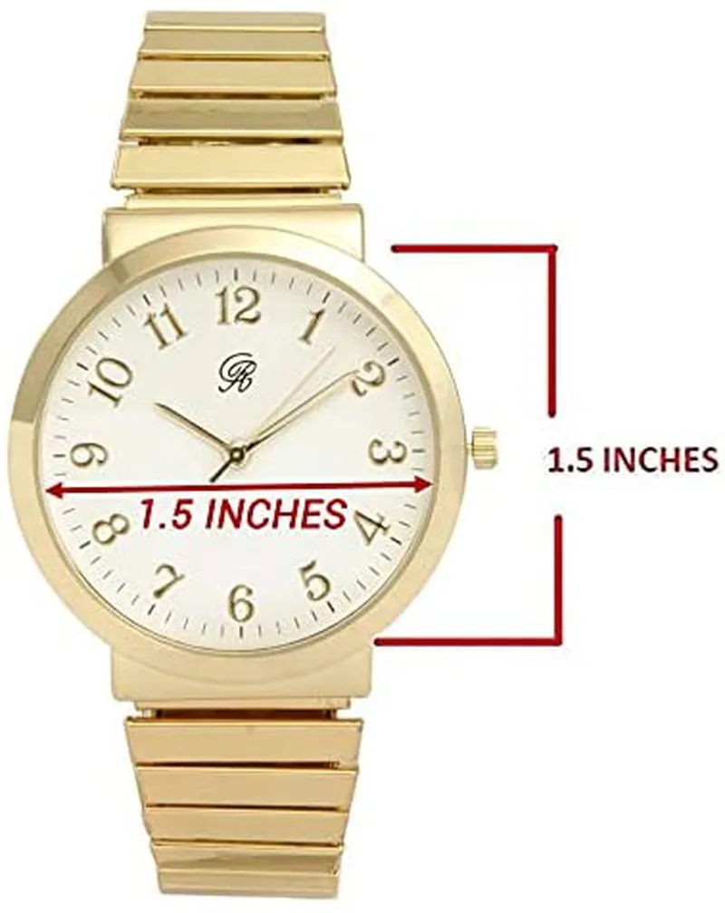 Charles Raymond Unisex 6" Stretch Band Classic, Easy Reader Watch with Clear Gold Arabic Numbers on Dial, Medium Size Face - 8197Strch