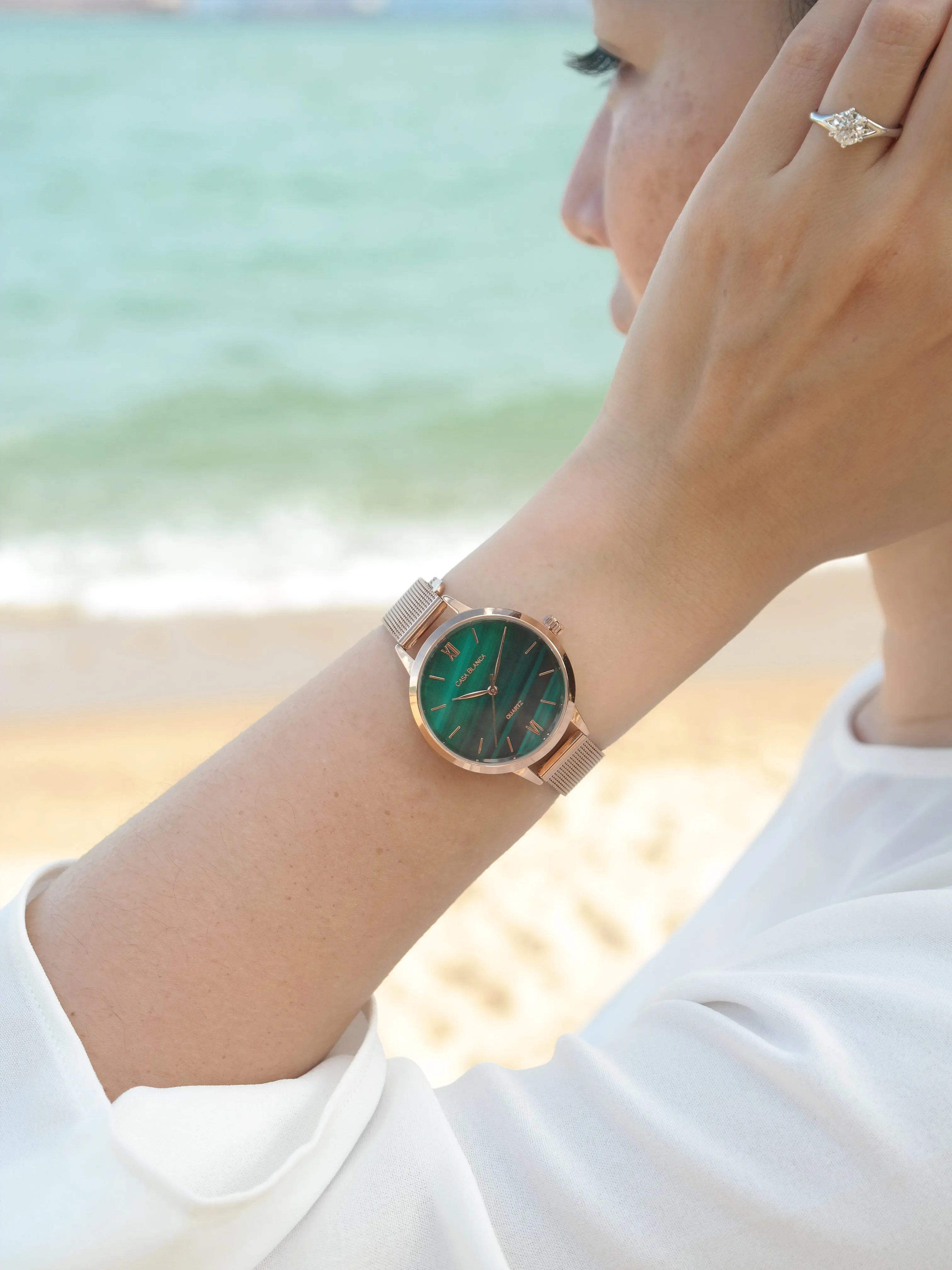 Classic Peacock Green Watch | Rose Gold Mesh Strap