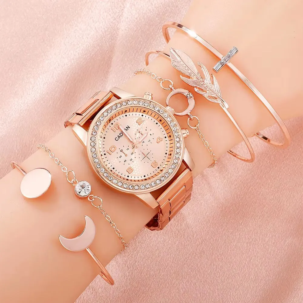 Elegant 6PCS Rose Gold Rhinestone Quartz Watch Set for Women - Stylish Casual Bracelet Watches