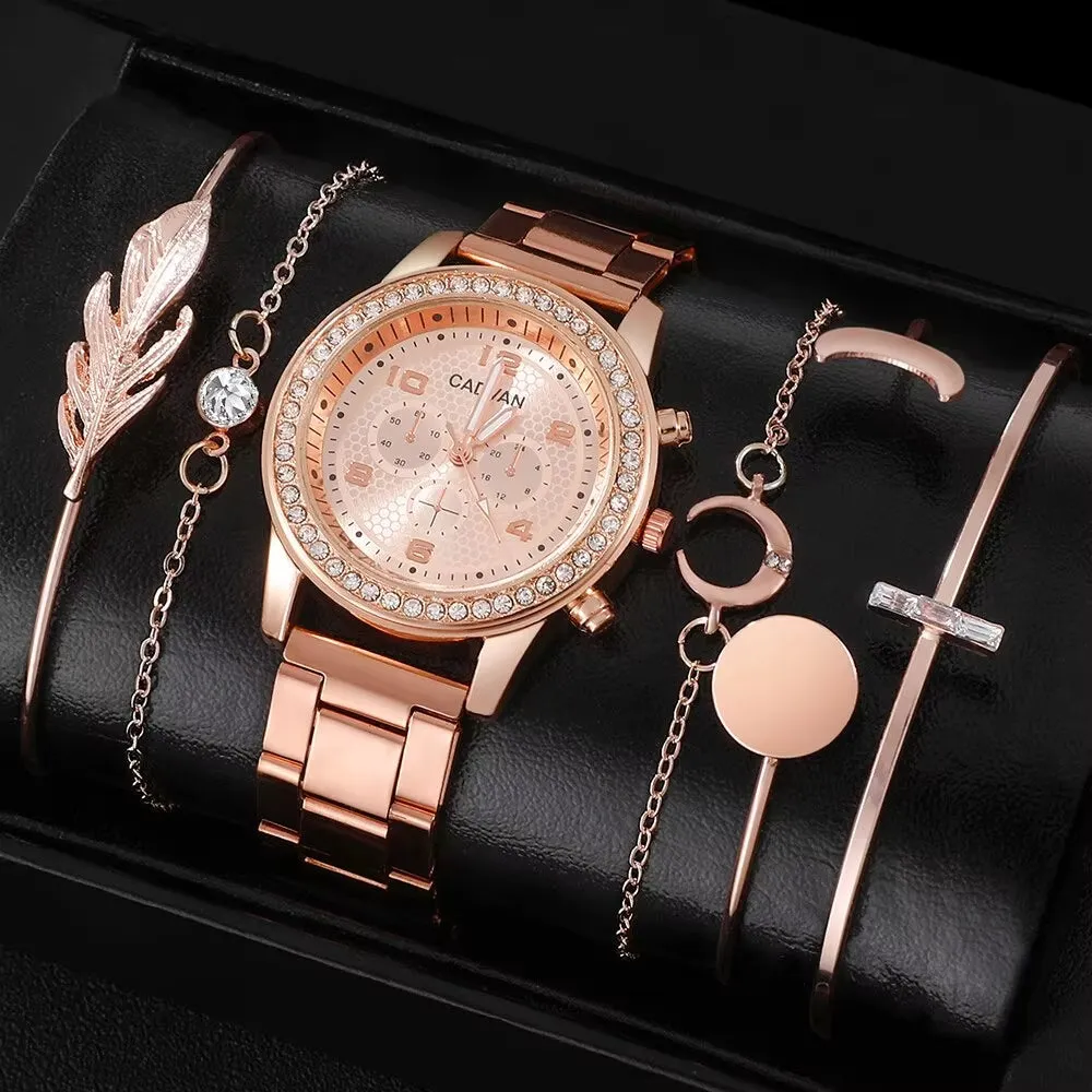 Elegant 6PCS Rose Gold Rhinestone Quartz Watch Set for Women - Stylish Casual Bracelet Watches