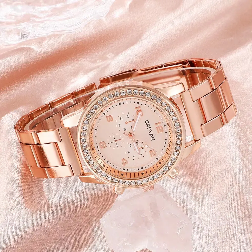 Elegant 6PCS Rose Gold Rhinestone Quartz Watch Set for Women - Stylish Casual Bracelet Watches