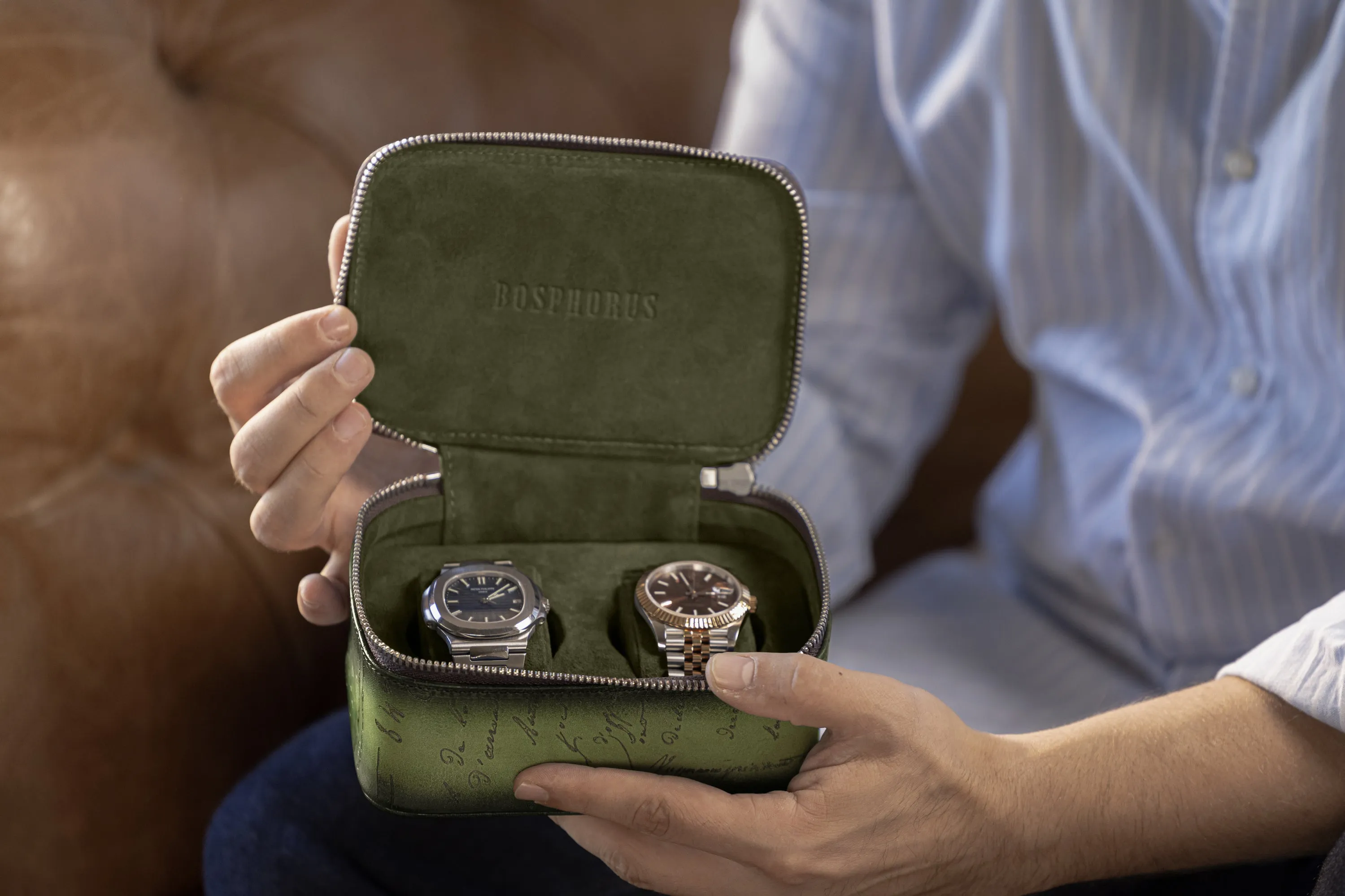 Ephesus Watch Case - Parchment Patina Olive Green For 2 Watches