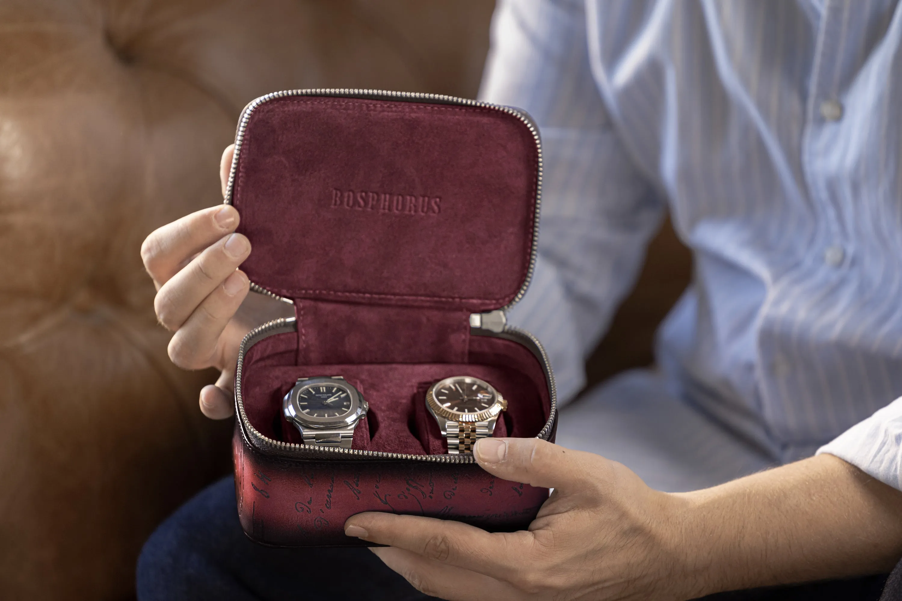 Ephesus Watch Case - Parchment Patina Red For 2 Watches