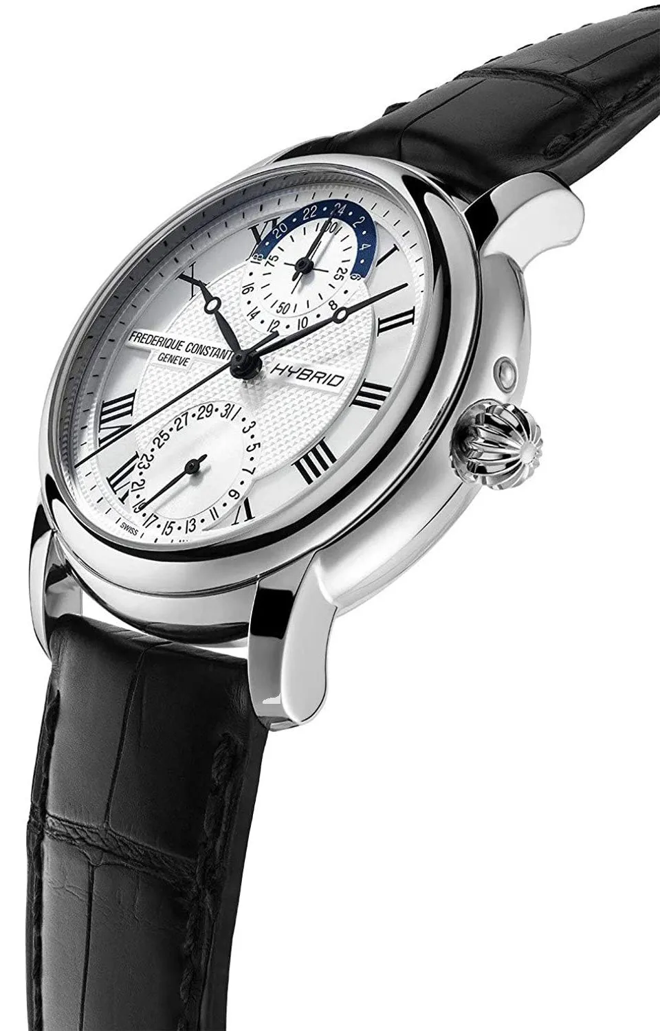 Frederique Constant Hybrid Manufacture Automatic Worldtimer Stainless Steel Silver-Tone Dial Black Leather Date Mens Horological Smartwatch FC-750MC4H6