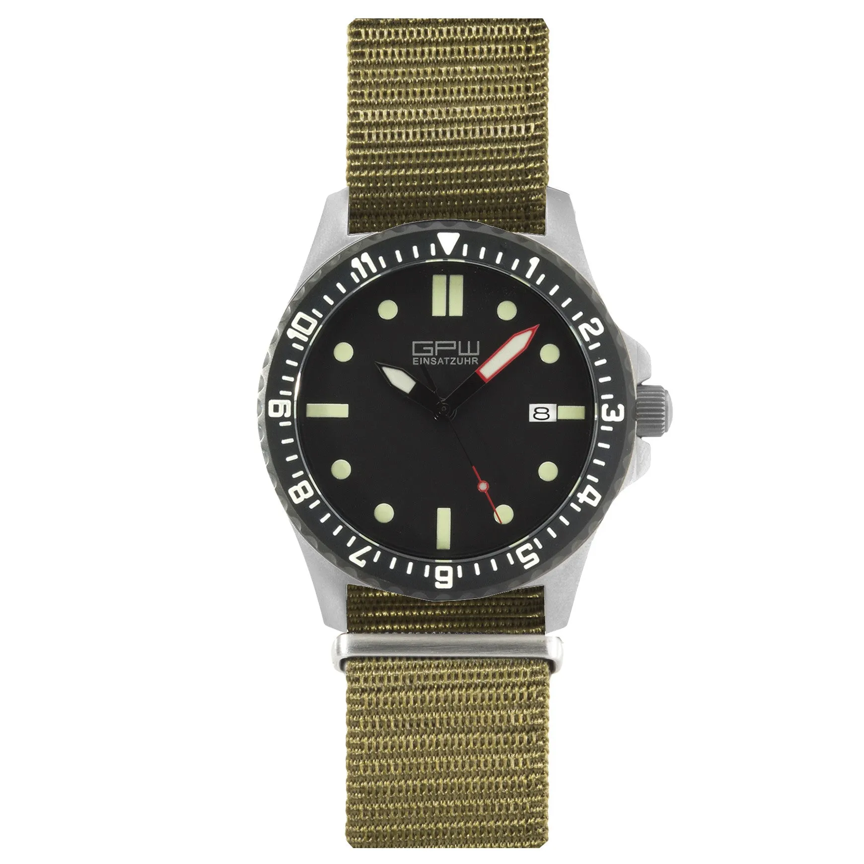 German Military Titanium Automatic Watch. GPW Date. 200M W/R. Sapphire Crystal. Olive Nylon Strap.