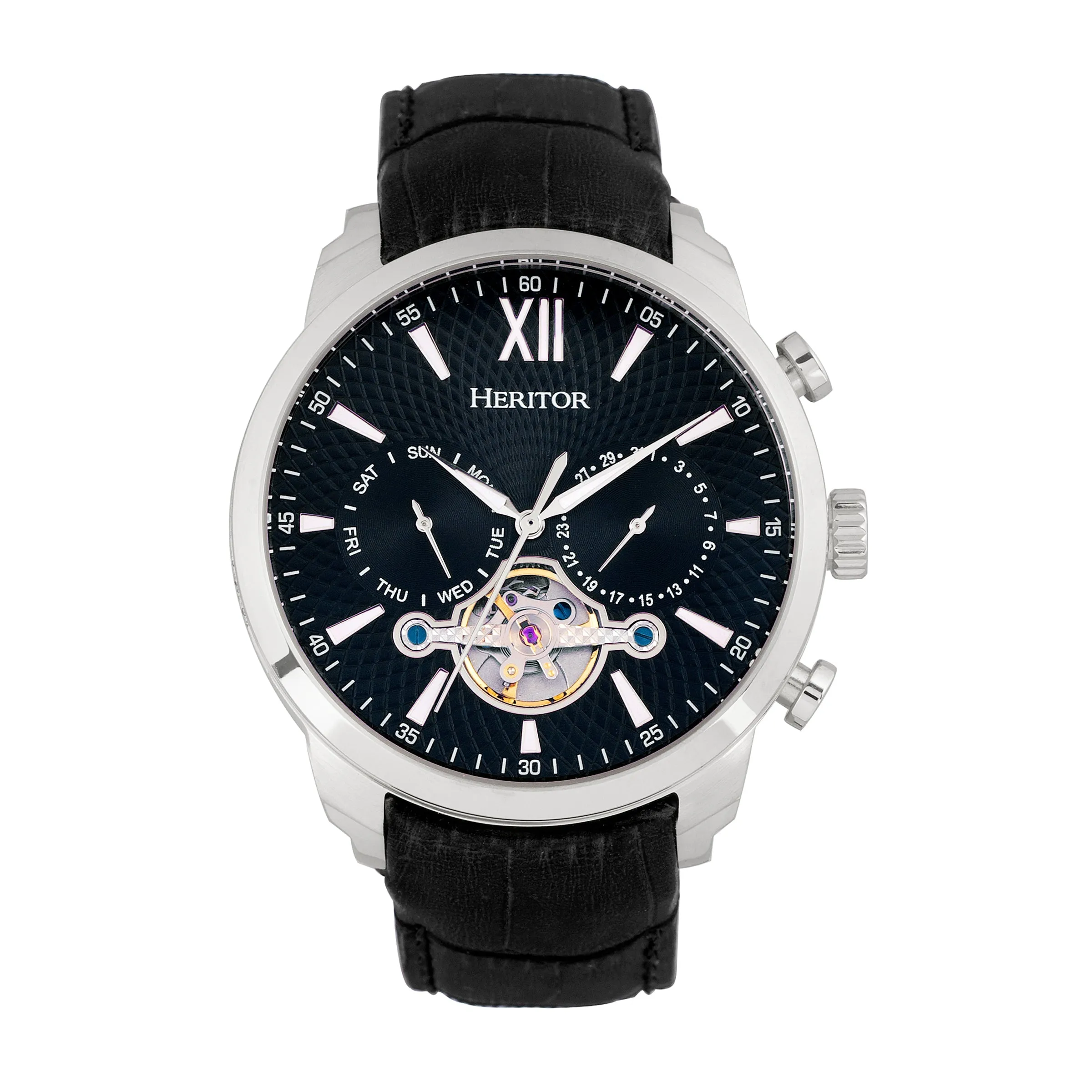 Heritor Automatic Arthur Semi-Skeleton Leather-Band Watch w/ Day/Date - Silver/Black