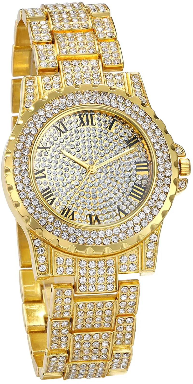 Jewelrywe Men Women Watches Stylish Rhinestone round Quartz Watch Gold Plated Stainless Steel Wristwatch for Valentine’S Day