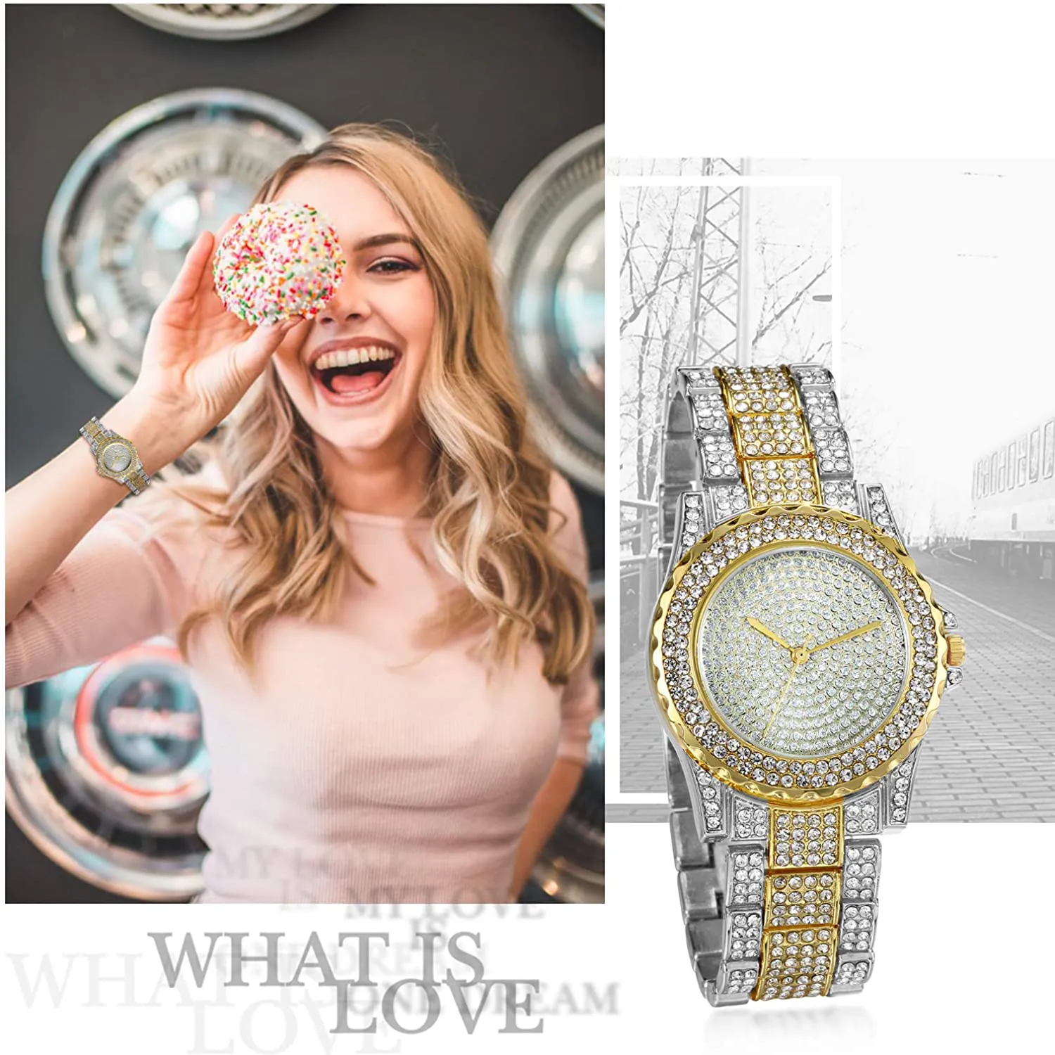 Jewelrywe Men Women Watches Stylish Rhinestone round Quartz Watch Gold Plated Stainless Steel Wristwatch for Valentine’S Day