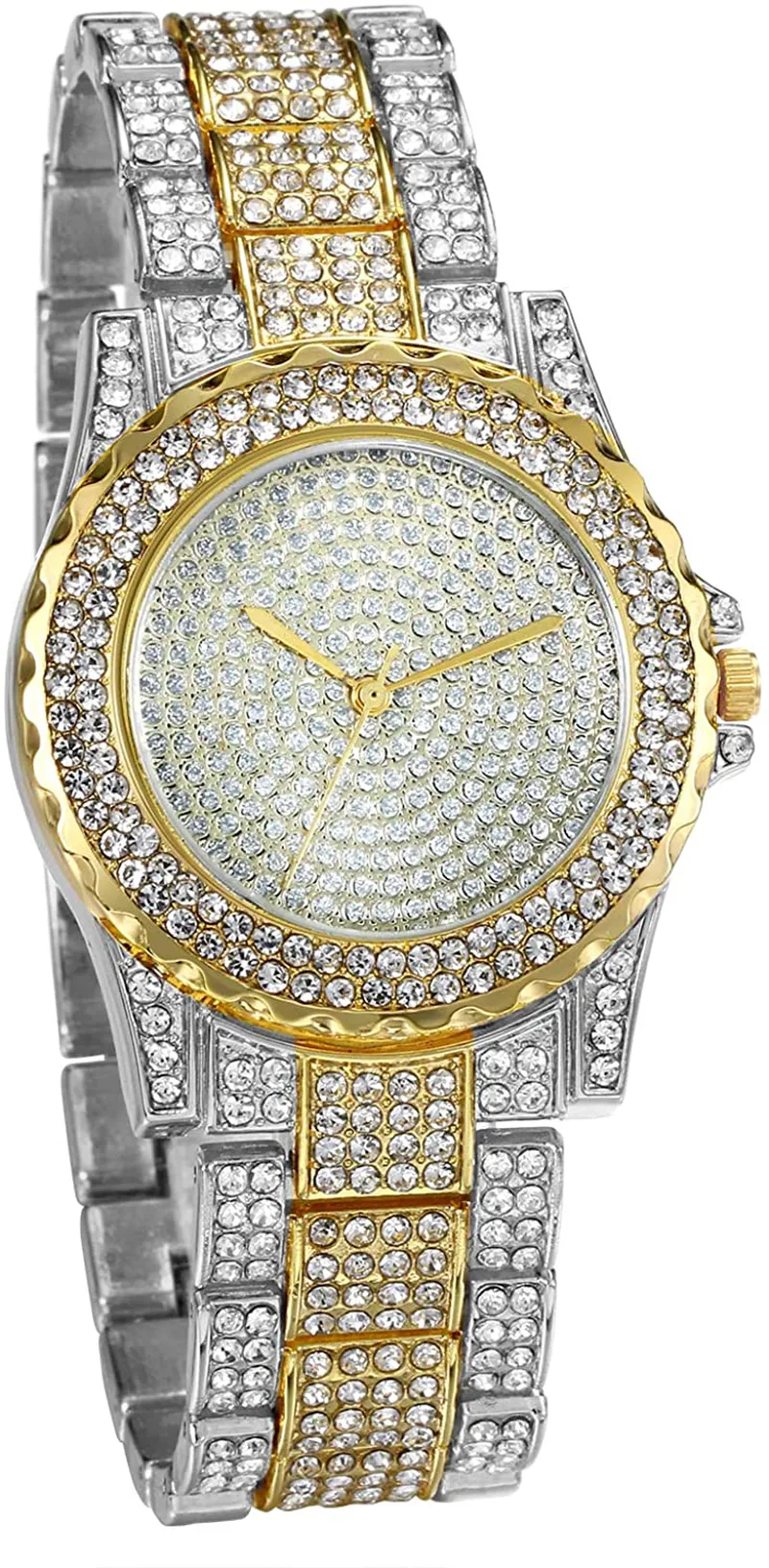 Jewelrywe Men Women Watches Stylish Rhinestone round Quartz Watch Gold Plated Stainless Steel Wristwatch for Valentine’S Day