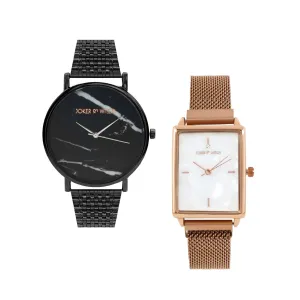 Joker & Witch Stainless Steel Amal & George Couple Analogue Watches, Black Dial, Black Band