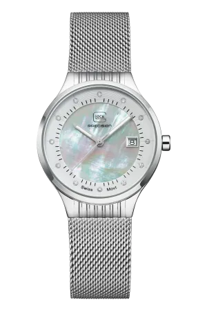 Lady's Steel Glock Watch with Mother of Pearl Diamond Dial and Mesh Strap