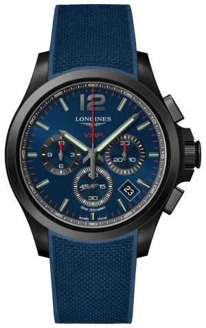 Longines Conquest V.H.P. Chronograph Black PVD Blue Rubber Strap Blue Dial Perpetual Calendar Date Quartz Mens Watch L3.717.2.96.9