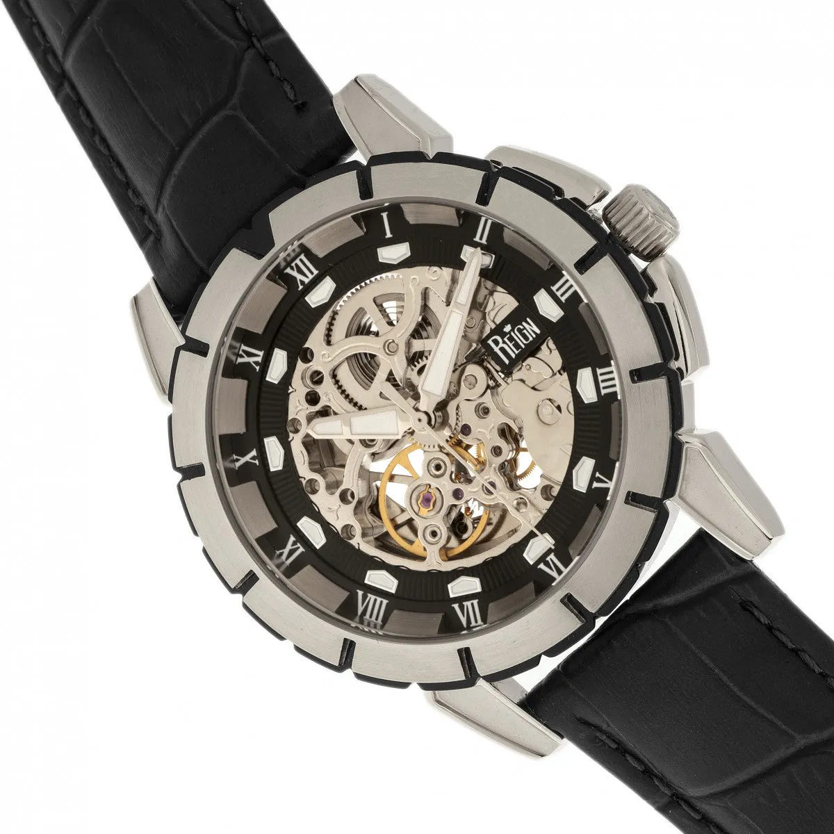 Reign Philippe Automatic Skeleton Leather-Band Watch - Black/Silver