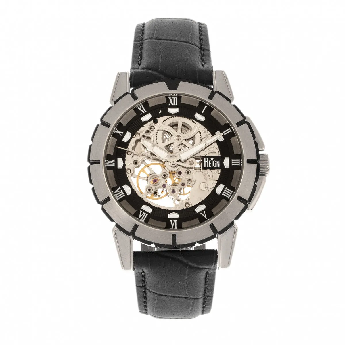 Reign Philippe Automatic Skeleton Leather-Band Watch - Black/Silver