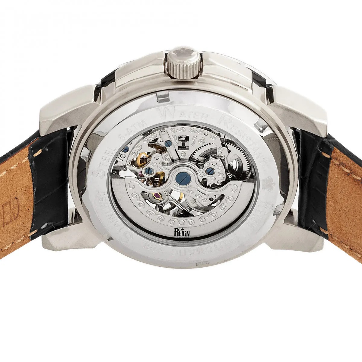 Reign Philippe Automatic Skeleton Leather-Band Watch - Black/Silver