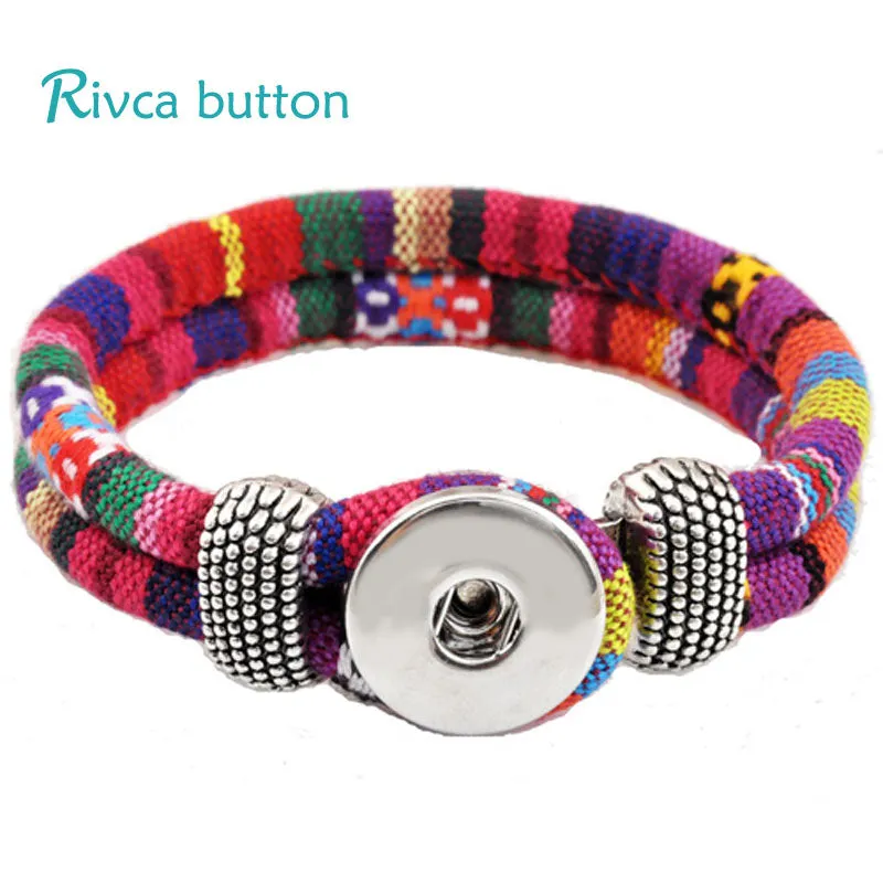 Rivca Jewelry Bohemian Personalized Braided Charm Leather Bracelet For Woman 18mm Snap Button Bracelets Bangles Man P00010