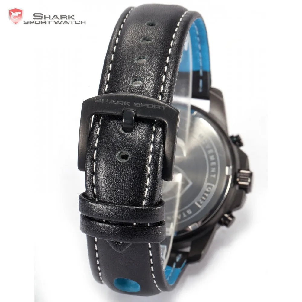 Shark Sport Watch Brand 3 ATM Waterproof Day Date Display Black Blue Dial Leather Band Men Quartz Military Wristwatch