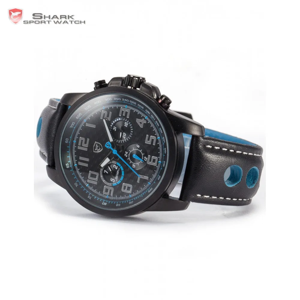 Shark Sport Watch Brand 3 ATM Waterproof Day Date Display Black Blue Dial Leather Band Men Quartz Military Wristwatch