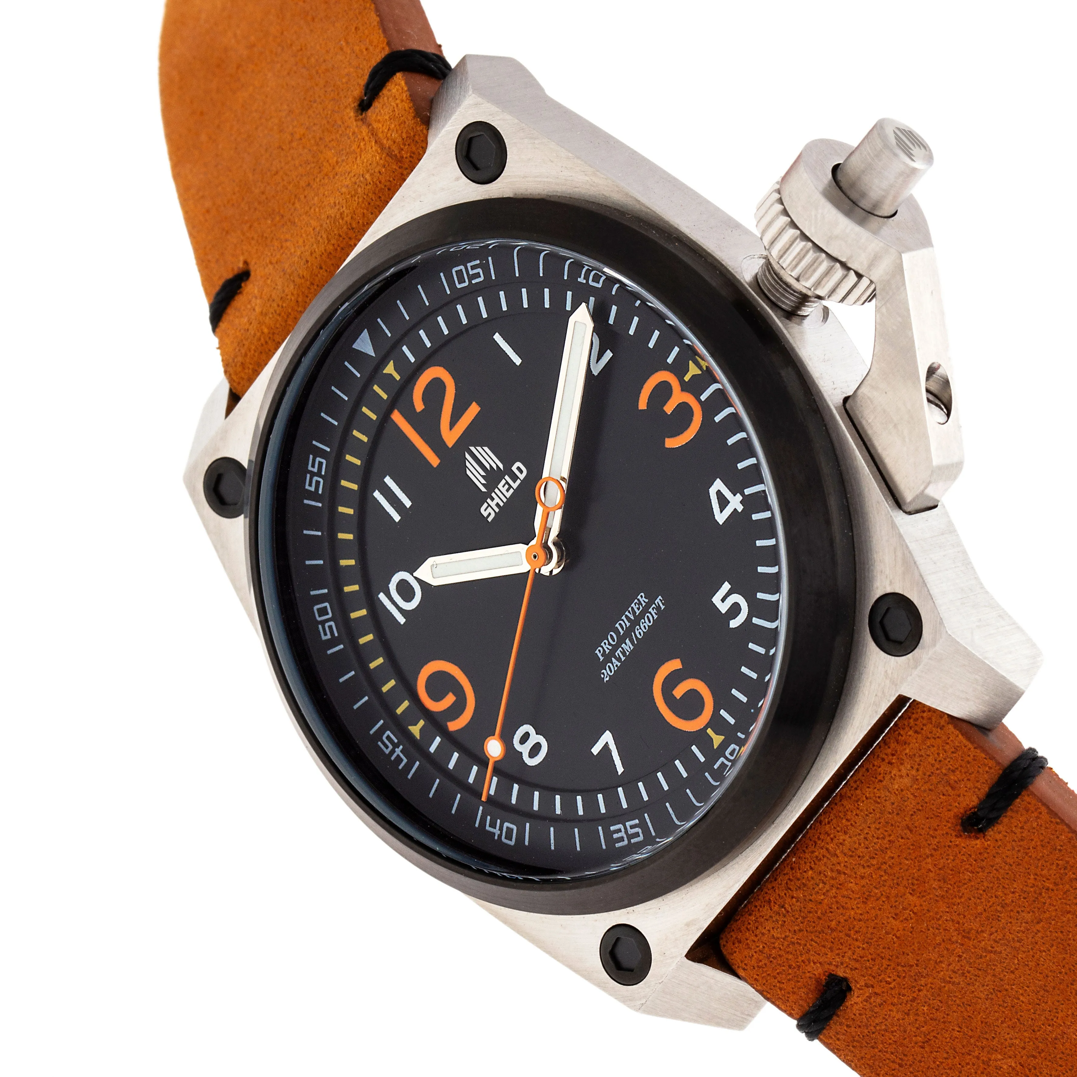 Shield Pascal Leather-Band Men's Diver Watch - Camel/Black