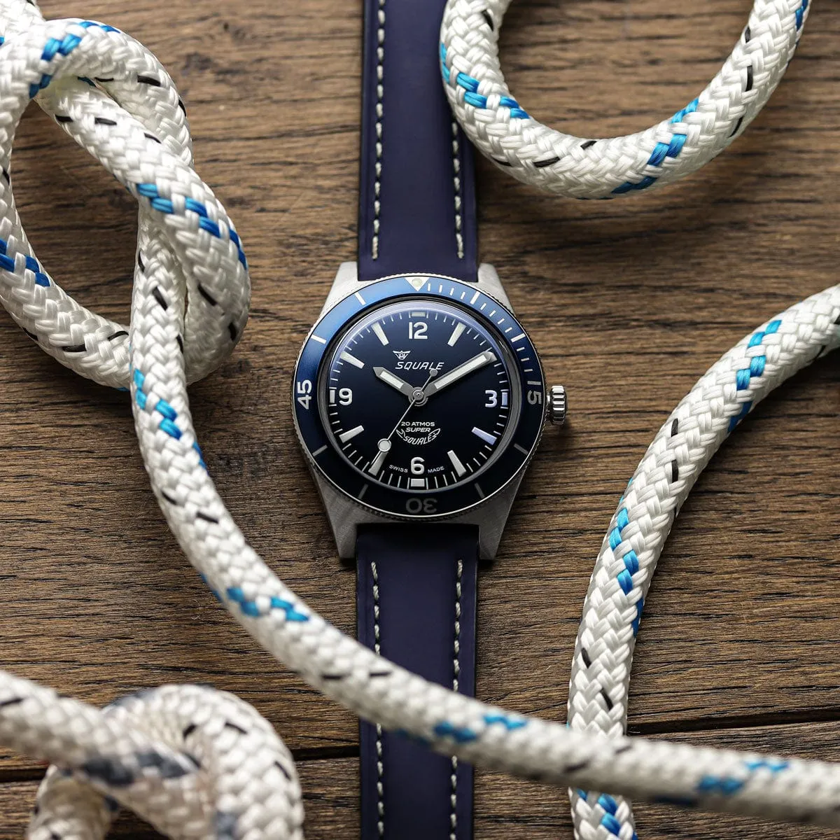 Super Squale Arabic Numerals Diver's Watch - Matt Blue Dial - Rubberised Calf Leather Strap