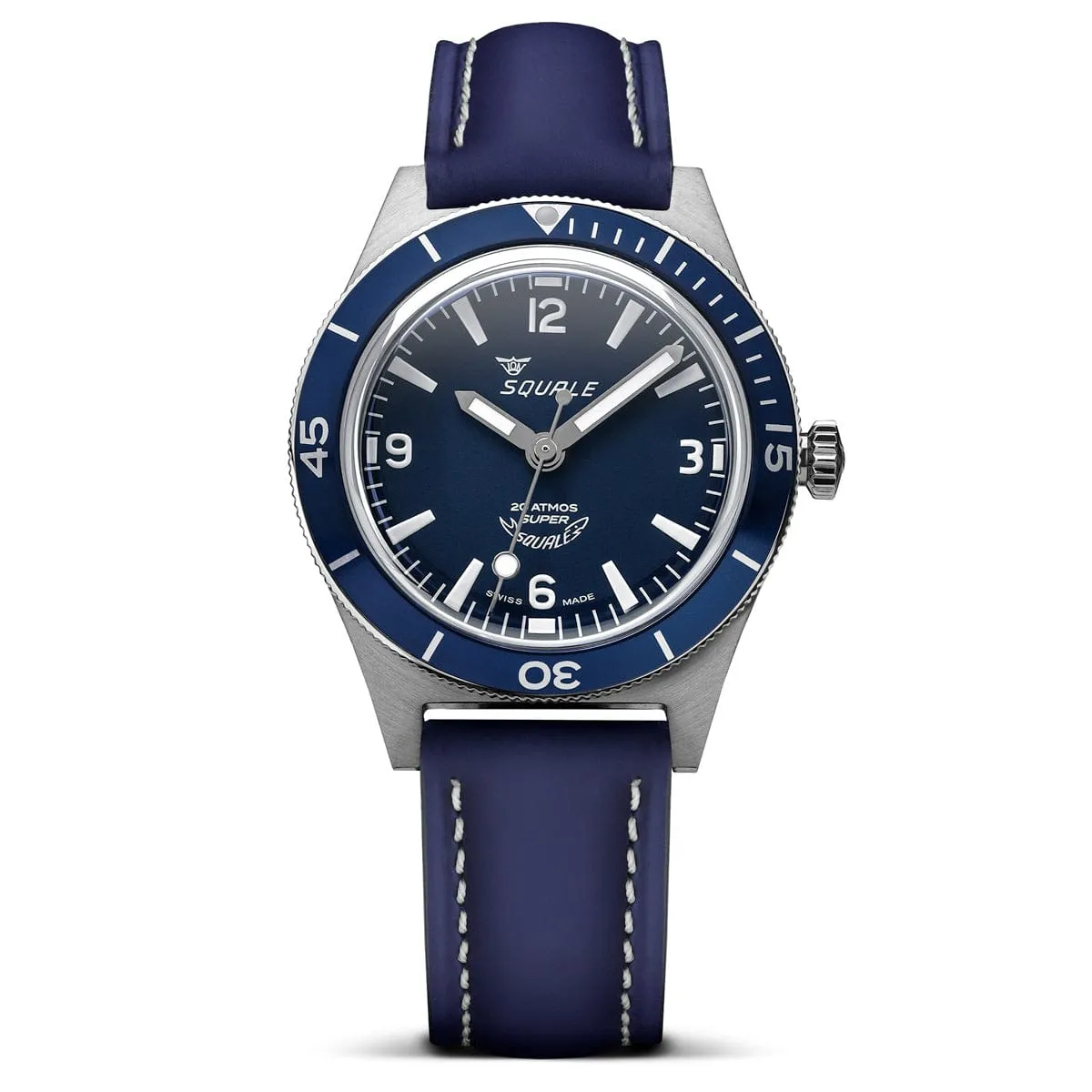 Super Squale Arabic Numerals Diver's Watch - Matt Blue Dial - Rubberised Calf Leather Strap