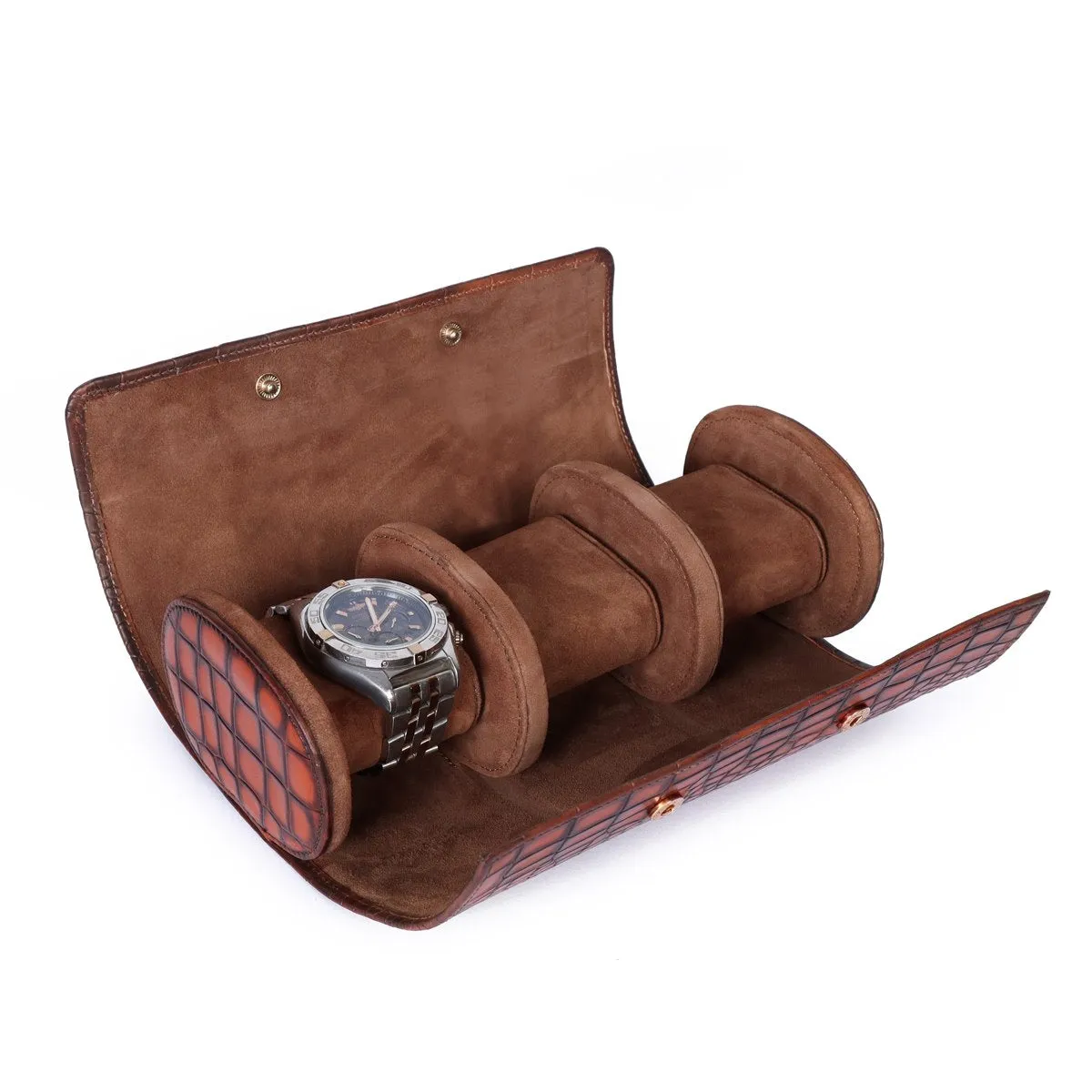 Tan Deep Cut Croco Leather Wrist Watch Roll by Brune & Bareskin