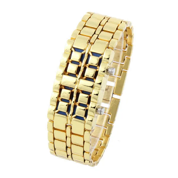 Unisex Digital Casual Watches Men and Women's Watch Blue & Red LED Digital Lava Style Gold Steel Band