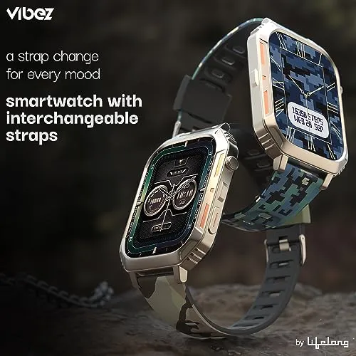 Vibez by Lifelong |New Launch| Trooper Smart Watch for Men | 2.02” Always On Display AMOLED, 550 NITS, 60Hz Refresh Rate, Two Straps, BT Calling, Multiple Sports Mode, Rugged Smartwatch (VBSW2124)